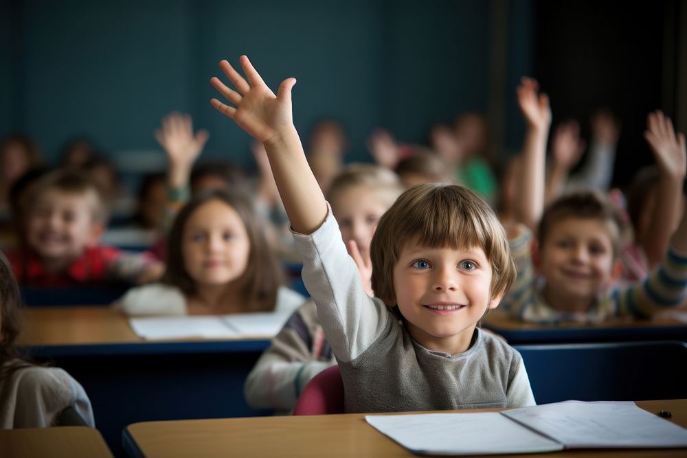 Kid hand rise in classroom student school child. AI generated Image by rawpixel.