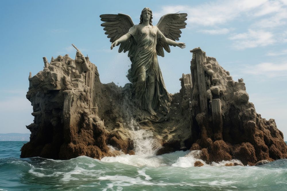 Massive angel statue in ocean sculpture outdoors nature. AI generated Image by rawpixel.
