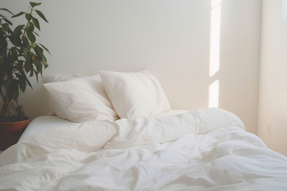 Bedroom white furniture blanket pillow. AI generated Image by rawpixel.