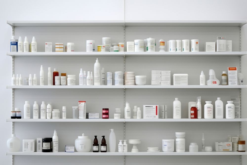 Medicine white shelve pharmacy shelf shop. AI generated Image by rawpixel.