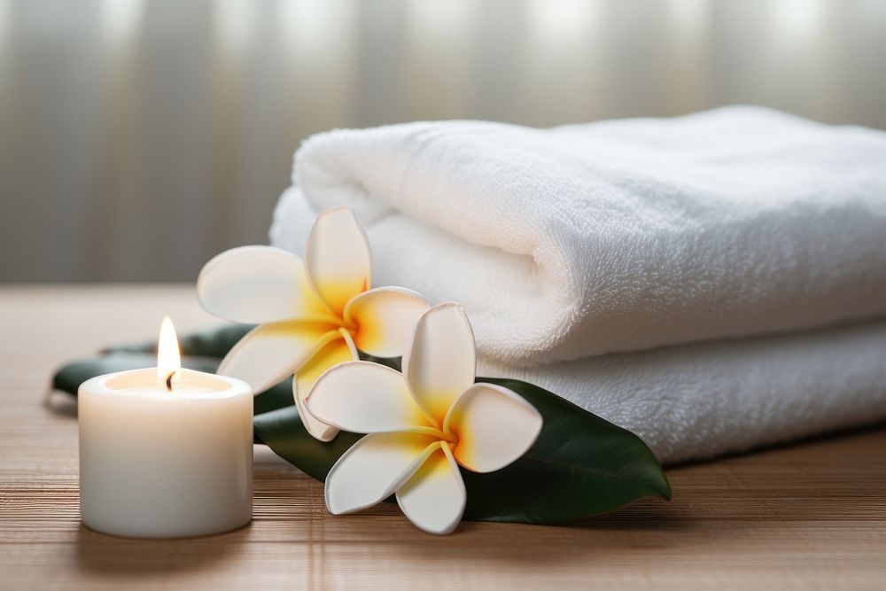 Spa towel white candle with frangipani relaxation freshness flower. 