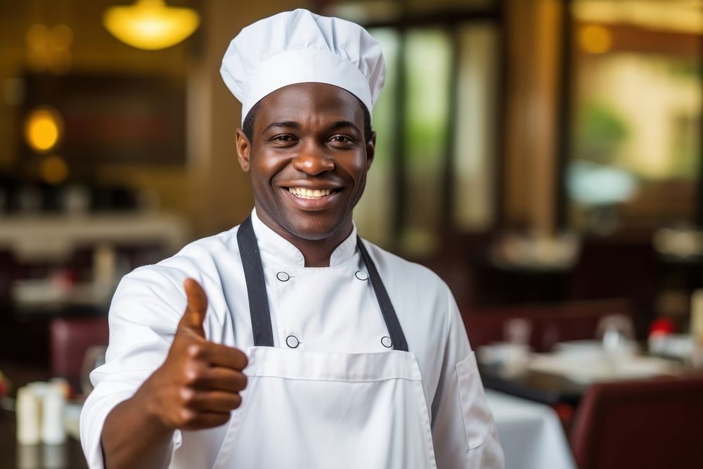 Black man chef thumbs up in restaurant adult achievement protection. AI generated Image by rawpixel.