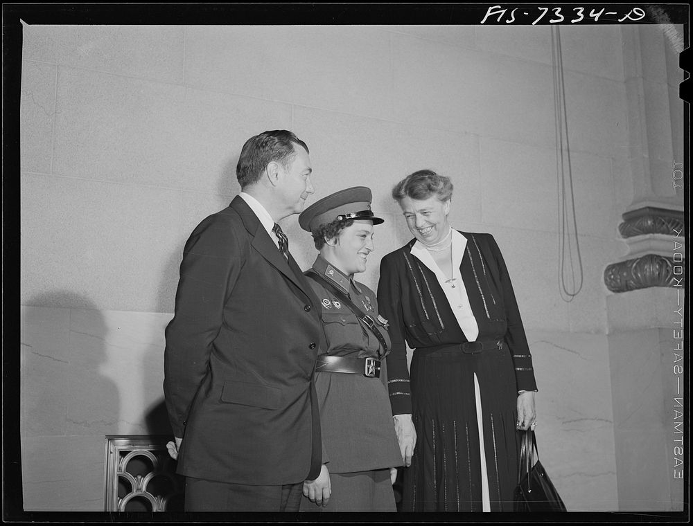Washington, D.C. International youth assembly. Liudmila Pavlichenko, famous Russian sniper, with Mrs. Roosevelt and Justice…