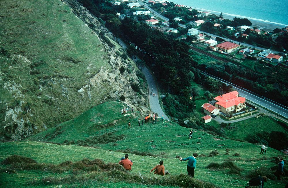 Archaeological party at lunch on crest of inland cliff directly above Paekakariki railway station (18 September 1960) by…