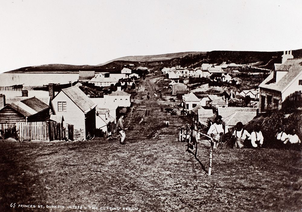 Princes Street, Dunedin in 1858 - the cutting begun.  From the album: Early Dunedin, Meluish - Burton - Muir & Moodie (1858)…