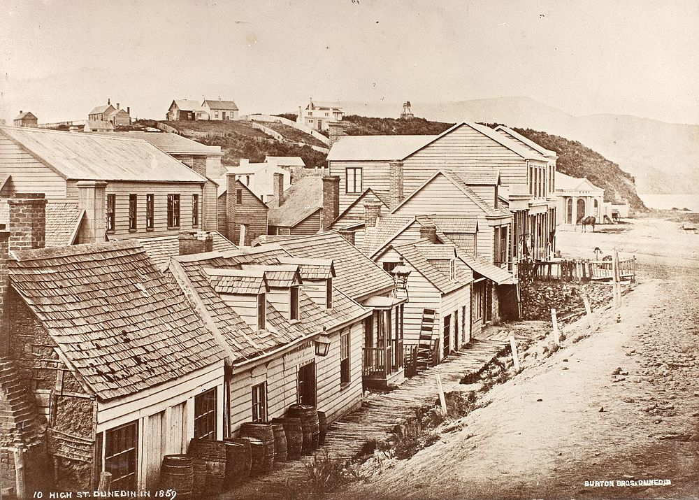 High Street, Dunedin, in 1859.  From the album: Early Dunedin, Meluish - Burton - Muir & Moodie (1859) by William Meluish…
