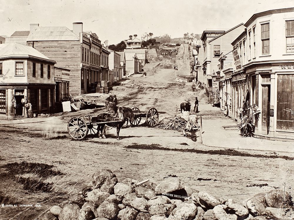 High Street, Dunedin, 1862.  From the album: Early Dunedin, Meluish - Burton - Muir & Moodie (1862) by William Meluish and…