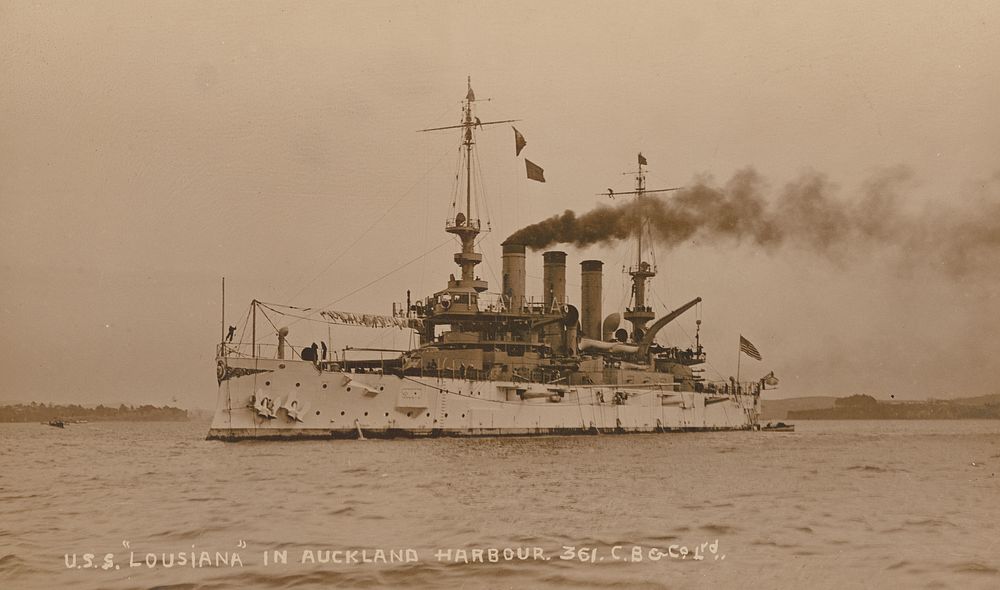 U.S.S Lousiana in Auckland Harbour (1900s) by Ernest de Touret and C B  and Co Ltd.