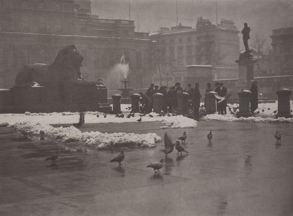 Winter's bite, Trafalgar Square (1920s) by Harry Moult.