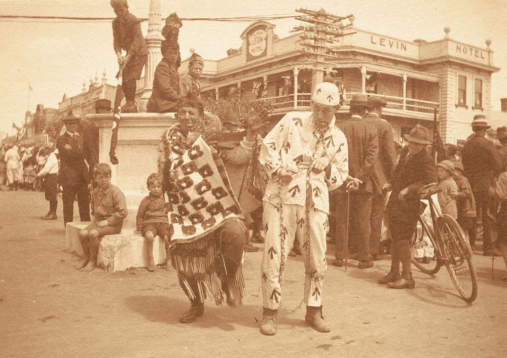 "A Maori Chief (Mr F. Proctor) & a convict (Mr. G. Noble)": 'Armistice Celebrations in Levin, Nov. 13. 1918'. From the…