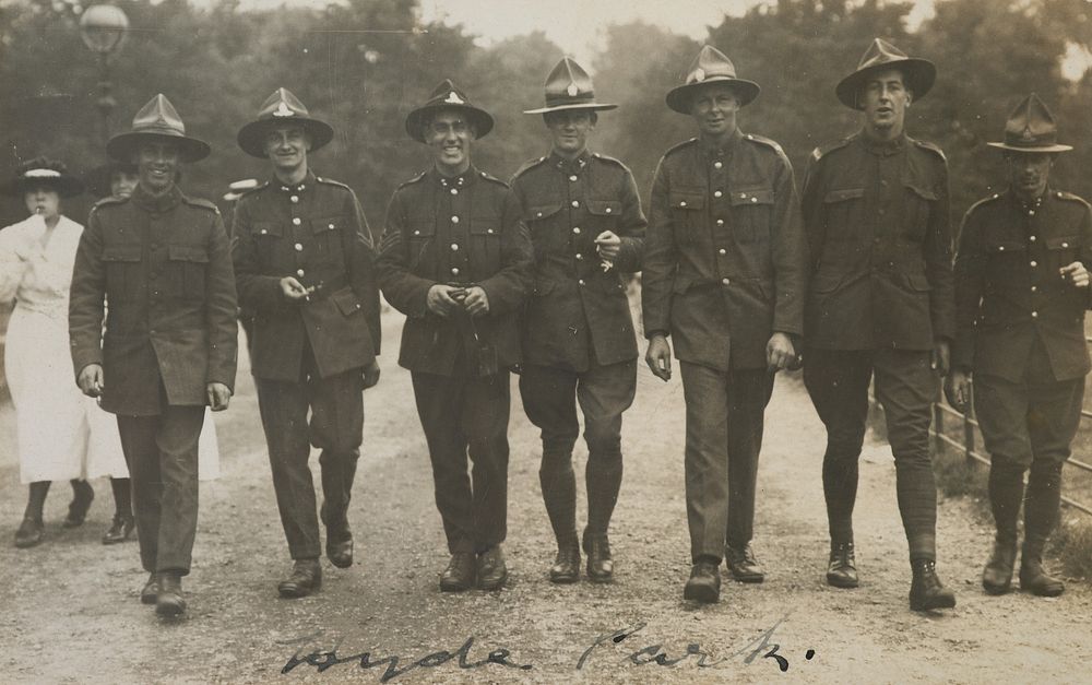 Seven soldiers, Hyde Park. From: World War I photograph album (1919) by Herbert Green.