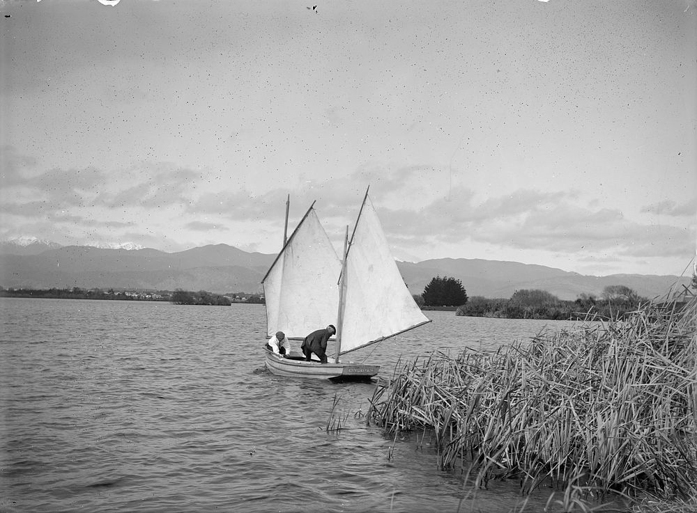 Sailing on Lake Horowhenua - near Pukearuhe canoe landing (circa 1910) by Leslie Adkin.