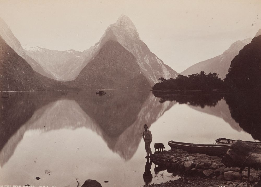 Mitre Peak, Milford Sound, NZ. From the album: 'Australasian scenery' (1880s) by Frank Coxhead.