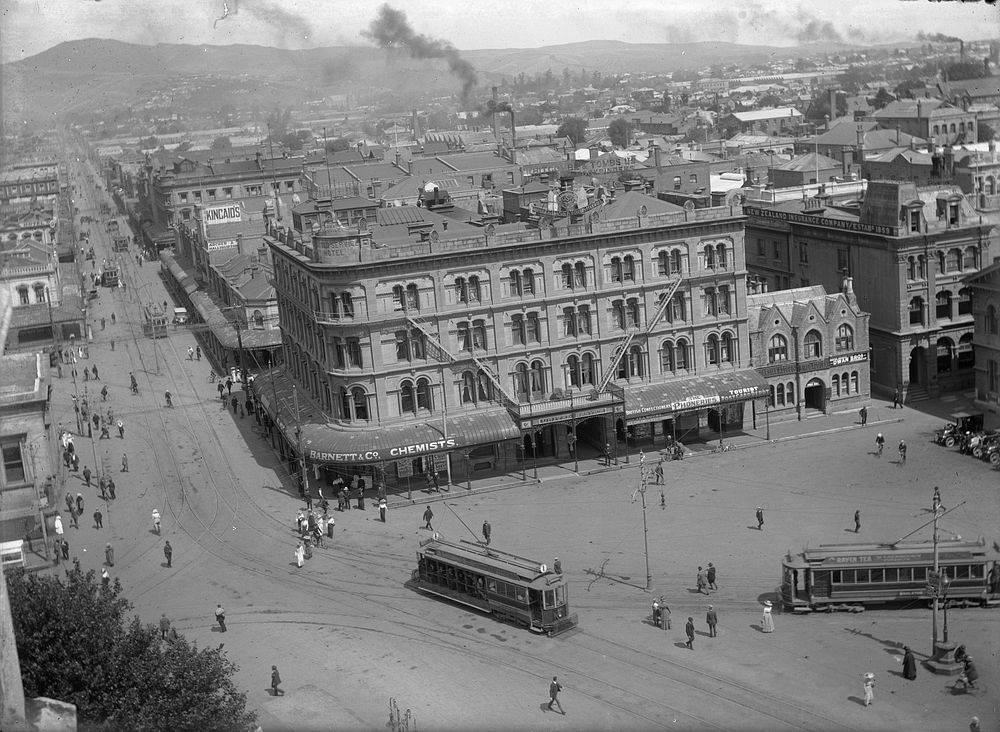 South side of Cathedral Square and Columbo Street from the Cathedral tower. (February 1912) by Leslie Adkin.