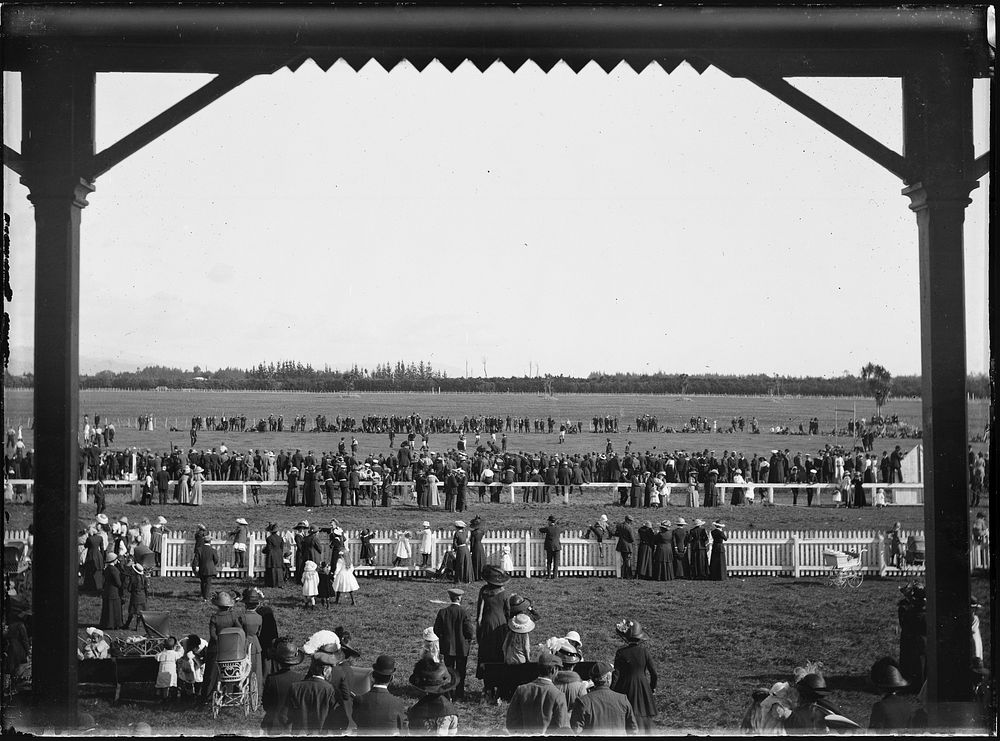 View from the grandstand showing the football match in progress Horowhenua team versus HMS New Zealand team (15 April 1913)…