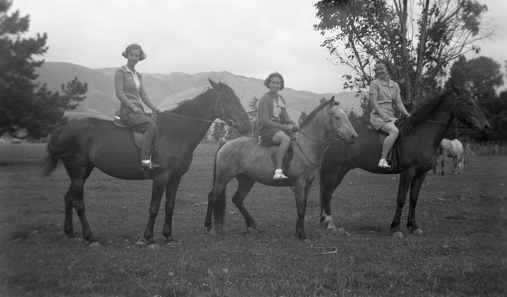 Two women and a girl on horses (06 January 1937) by Leslie Adkin.