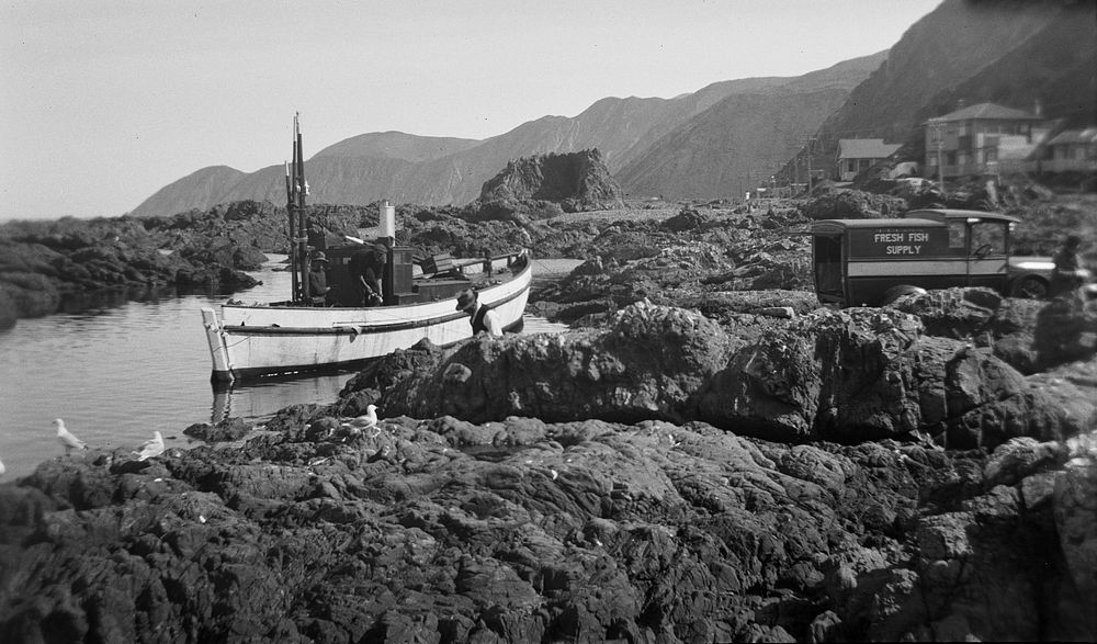 Unloading fish from launch to lorry at The Siren's Rocks, near Island Bay (06 April 1936) by Leslie Adkin.