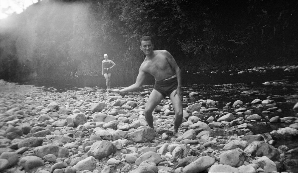 John Herd with Nancy in hand, Ohau River (02 January 1938) by Leslie Adkin.