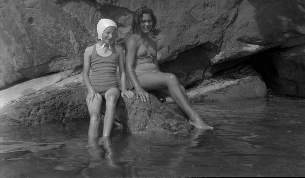 Jan Perser and friend near Pt (Point) Char Beach - 9 February 1949 (09 February 1949) by Leslie Adkin.