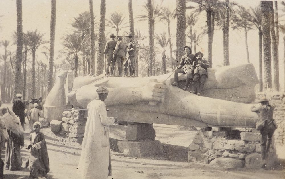 New Zealanders at Memphis - Colossus of Rameses II.  From the album: Photograph album of Major J.M. Rose, 1st NZEF (1914…