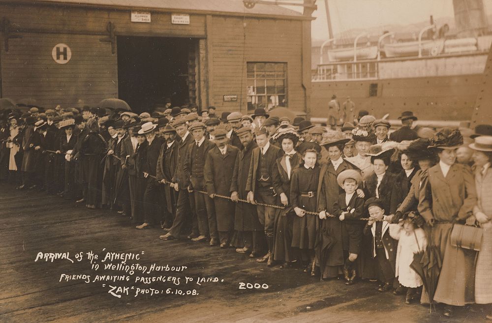 Arrival of the 'Athenic' in Wellington Harbour, friends awaiting passengers to land (6 October 1908) by Zak Joseph Zachariah.