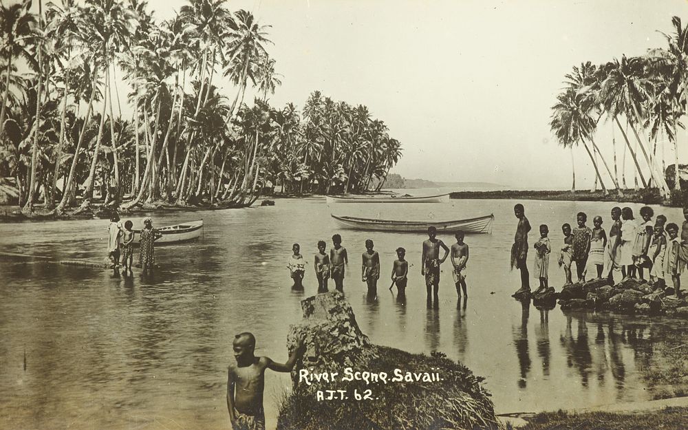River scene, Savaii.  From the album: Skerman family album (circa 1916) by Alfred James Tattersall.
