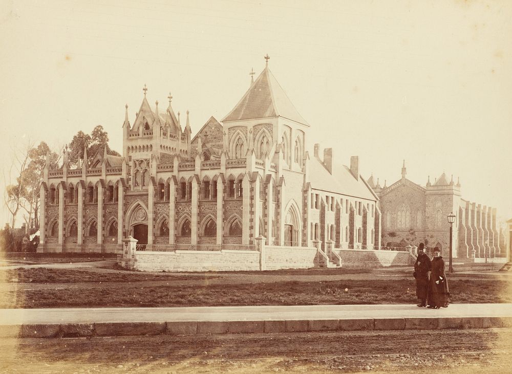 Supreme Court and Wesleyan Church, Christchurch. From the album: New Zealand album (circa 1880) by Burton Brothers.