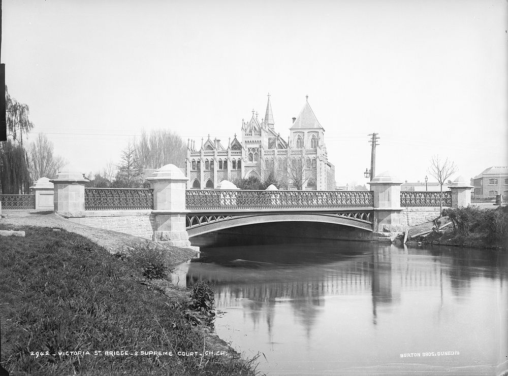 Victoria Street Bridge and Supreme Court, Christchurch (1880s) by Burton Brothers.
