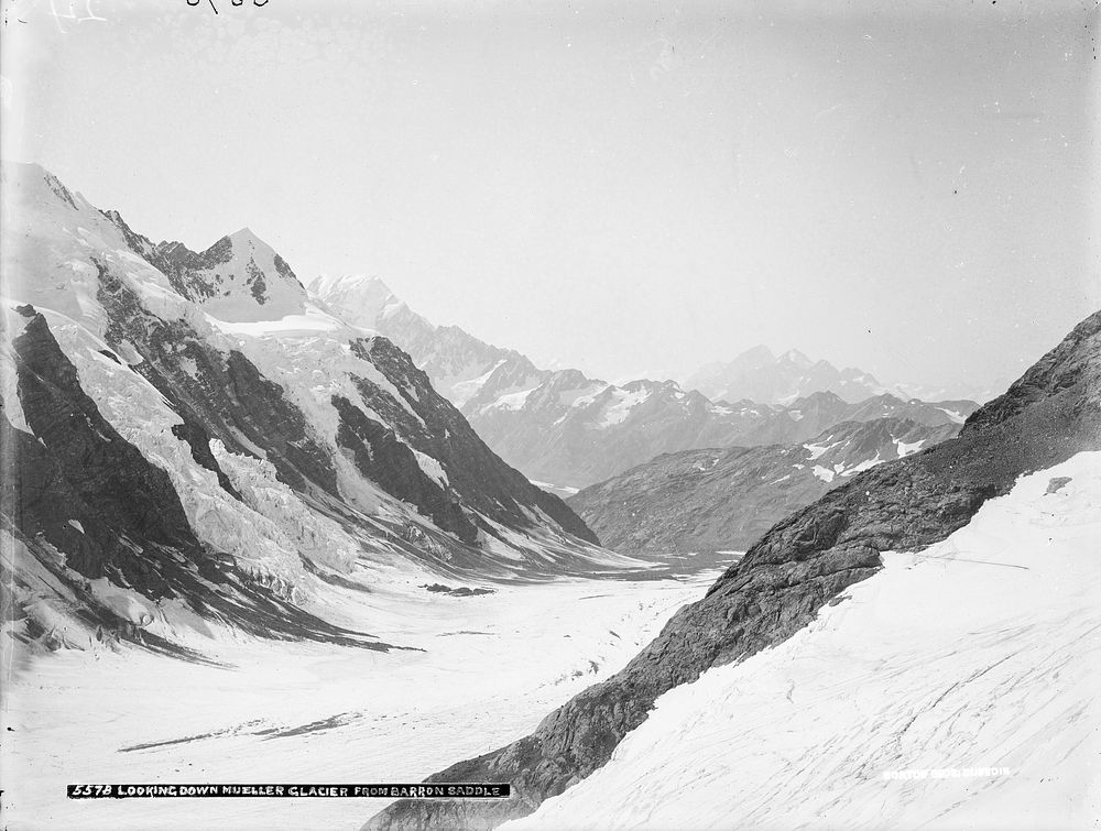 Looking down Mueller Glacier from Barron Saddle (1893) by Burton Brothers and George Moodie.