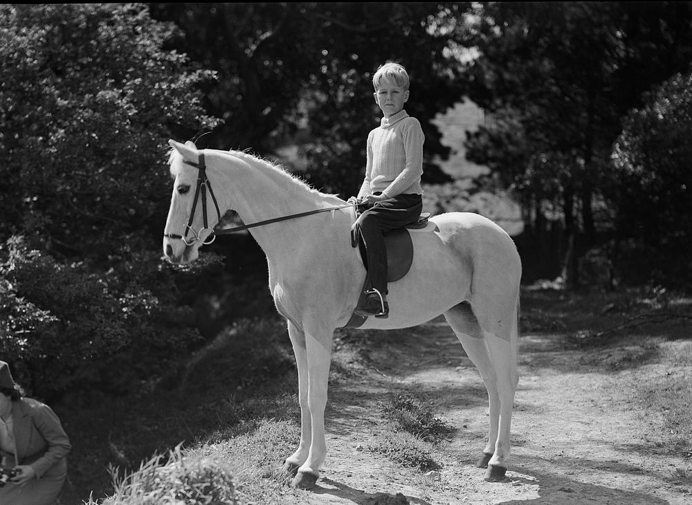 Simon Galway horseriding in the grounds of Government House, Wellington (1939) by Spencer Digby Studios.
