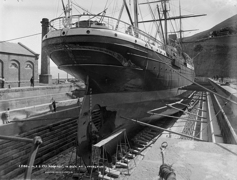 N.Z.S. Co.s "Aorangi" in dock at Lyttleton (1880s) by Burton Brothers.