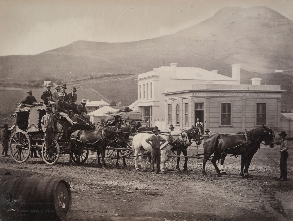 Cobb and Co. coach, Palmerston, Otago (1876-1880) by William Hart and Hart Campbell and Co.