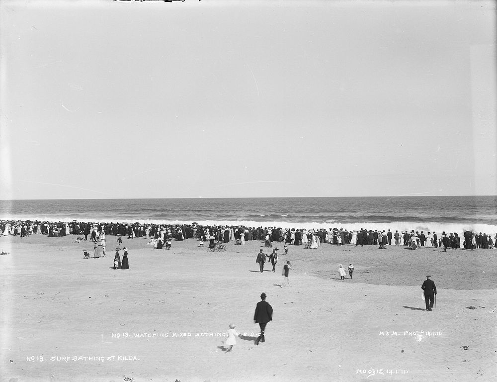 Surf-bathing St Kilda - watching mixed bathing, "P.S.B.C." (circa 1911) by Muir and Moodie.