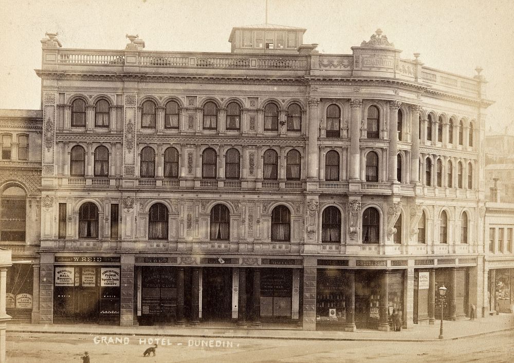 Grand Hotel, Dunedin. From the album: Land of Loveliness New Zealand (1880s) by Burton Brothers.