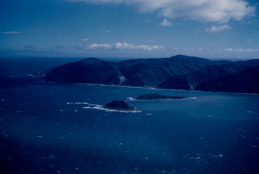 Southern end of Kapiti Island with the islets Motungarara and Tahoramaurea (24 March 1959) by Leslie Adkin.