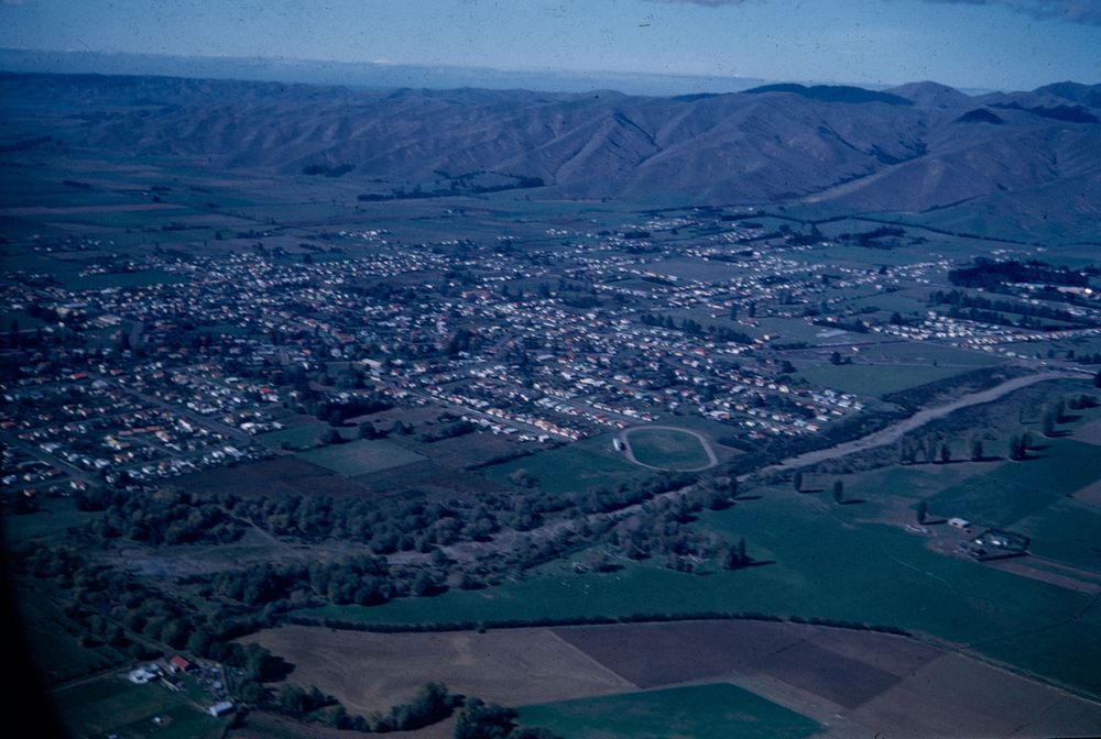 Blenheim from the air at the approach to Woodburn aerodrome (24 March 1959) by Leslie Adkin.