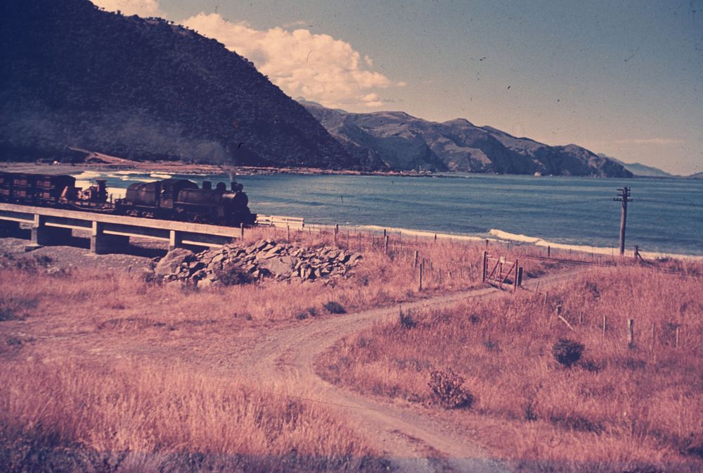 The Kaikoura coast looking north from the mouth of the Oaro River, where the main highway turns inland (24 March 1959-13…