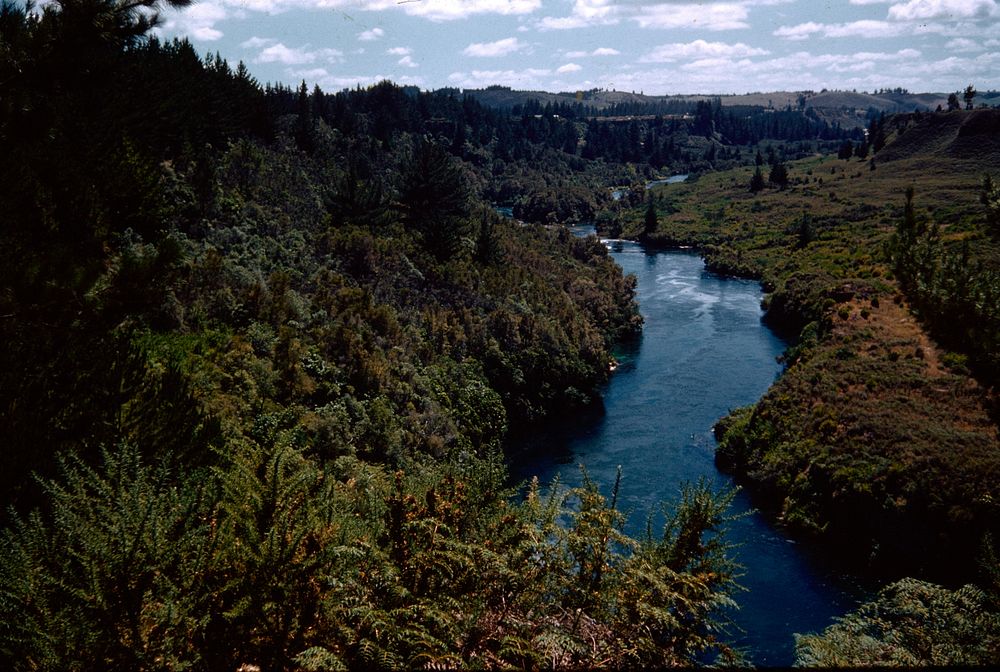 The Waikato River a little distance downstream from Huka Falls (08 February 1960) by Leslie Adkin.