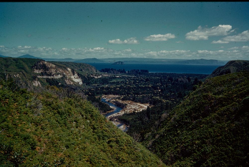 Valley of the Hinemaiai River and Lake Taupo with Motu-taiko Island (08 February 1960) by Leslie Adkin.