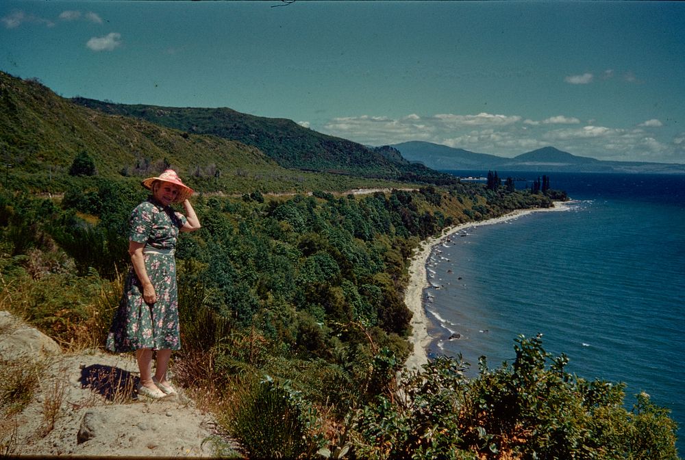 Eastern shore of Lake Taupo - 100 feet terrace & Jellicoe Point from Ohaumahanga Point (08 February 1960) by Leslie Adkin.