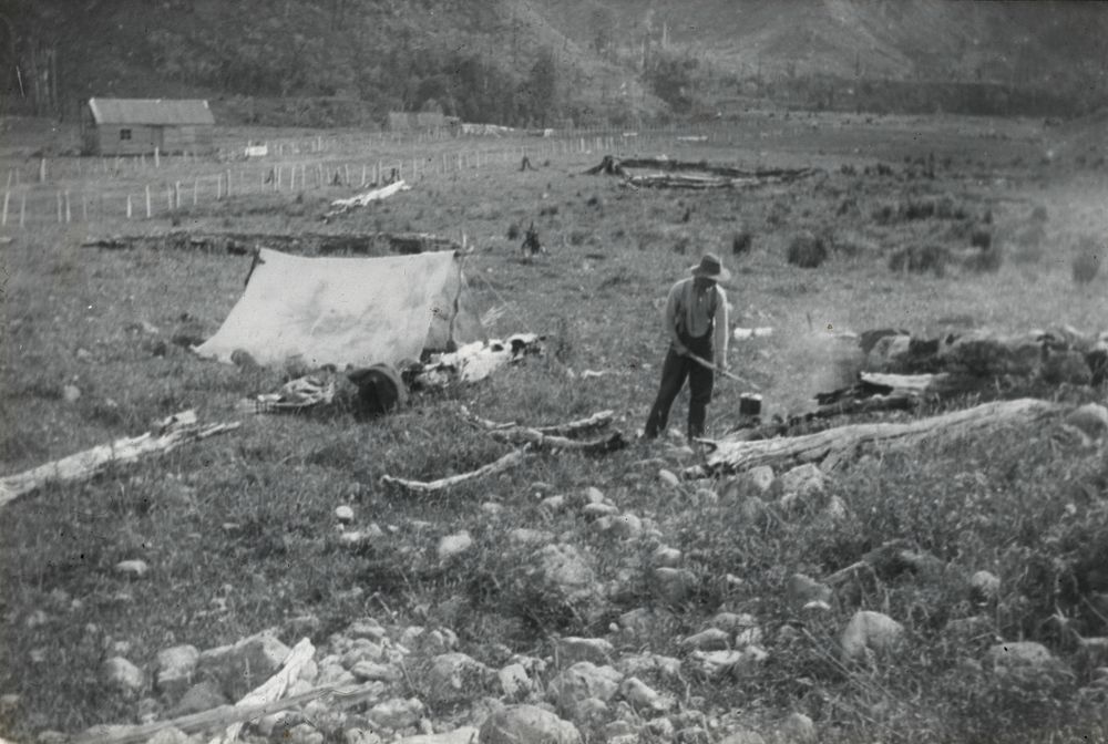 Our last camp on Mr A Deal's farm on Upper Plain Road, out from Masterton ... (February 1909) by Leslie Adkin.