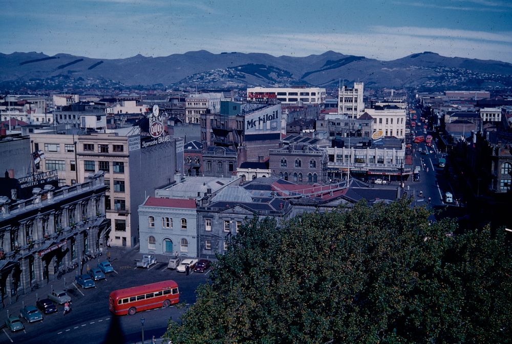 Christchurch from Cathedral spire looking south down Colombo Street to the Port Hills (24 March 1959-13 April1959) by Leslie…