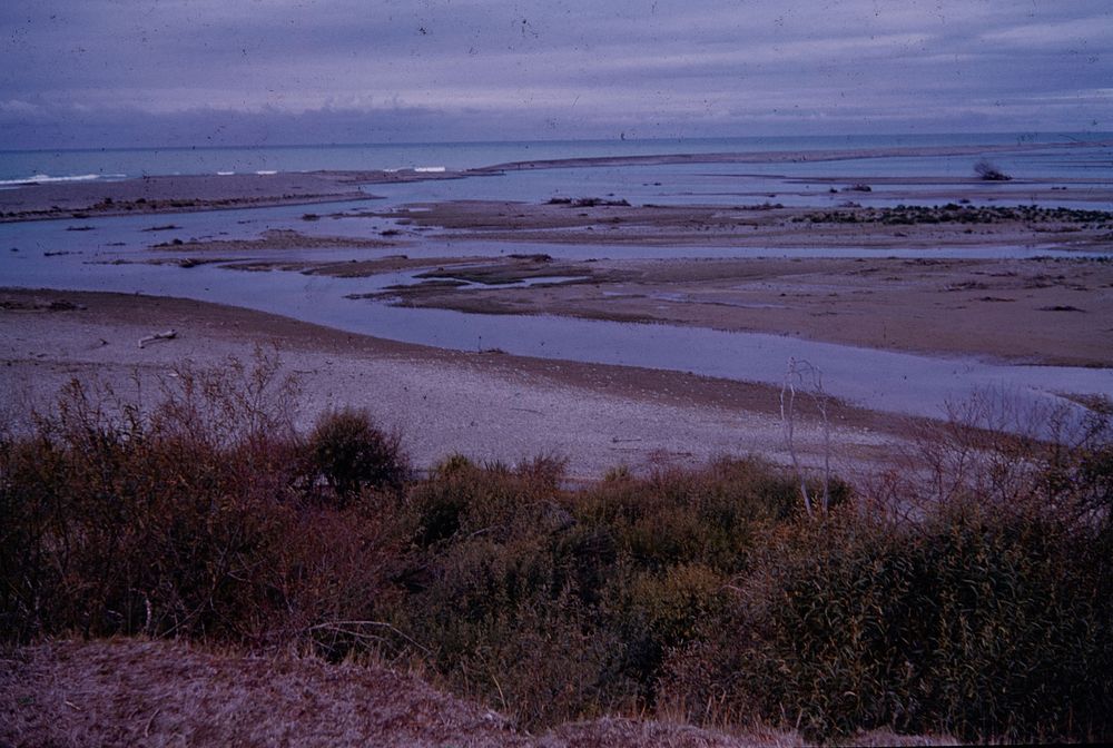 Panorama of Waitaki rivermouth from high gravel cliff on north bank (24 March 1959-13 April 1959) by Leslie Adkin.
