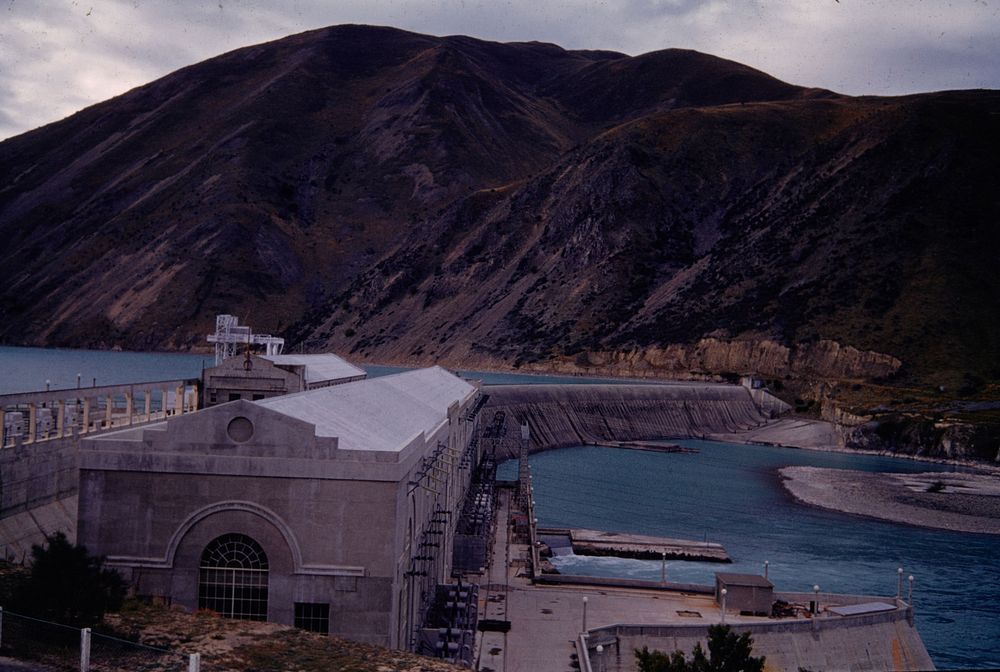 Panorama of Waitaki hydro-electric dam & Powerhouse (24 March 1959-13 April1959) by Leslie Adkin.
