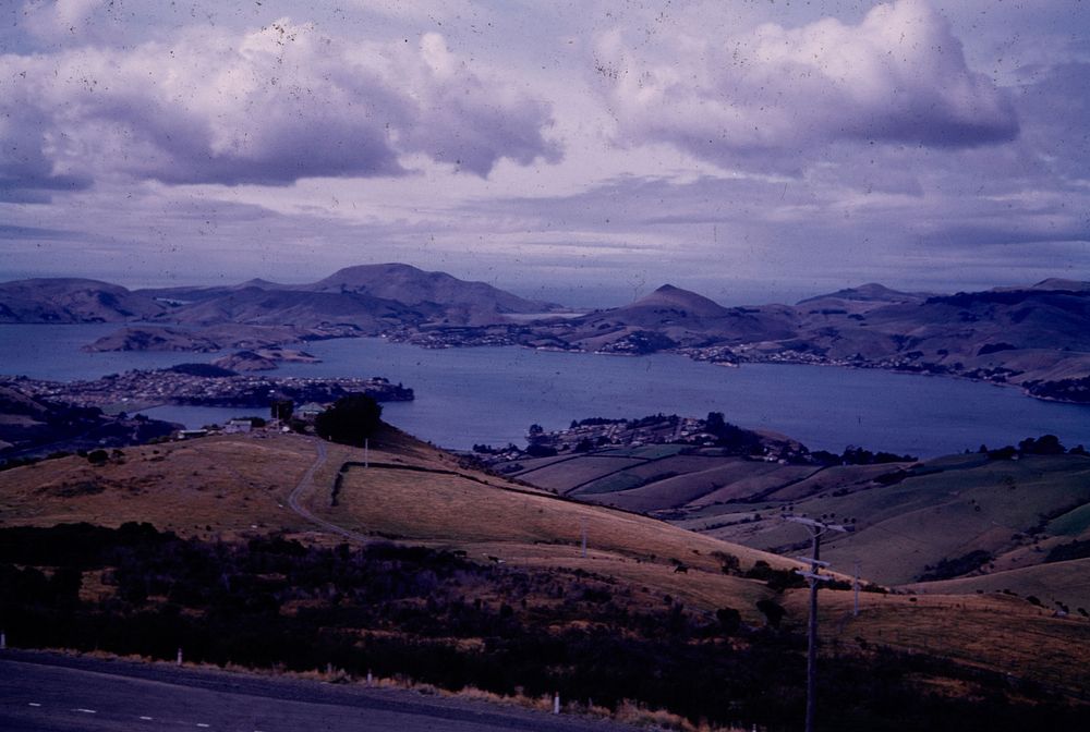 Panorama of Otago Harbour from Taiaroa Head to Bread Bay, viewed from Mt Cargill Road Saddle (24 March 1959-13 April 1959)…