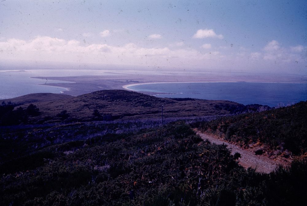 Panorama (NE to E) from Bluff Hill, the Bluff, Southland : Outer spit and Foveaux Strait (24 March 1959-13 April 1959) by…