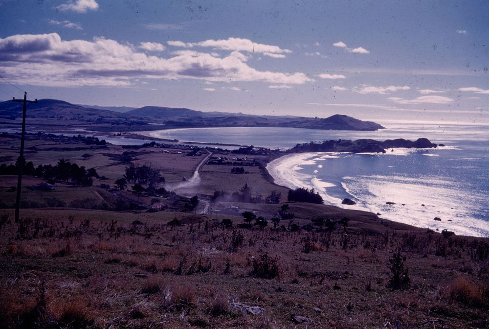 Karitane, Waikouati Roads and Cornish Head looking north from Puketeraki Hill (24 March 1959-13 April 1959) by Leslie Adkin.
