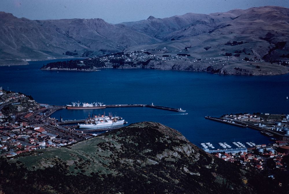 The Port of Lyttelton from the Bridle Track saddle on Summit Road, Port Hills, Christchurch (24 March 1959-13 April 1959) by…