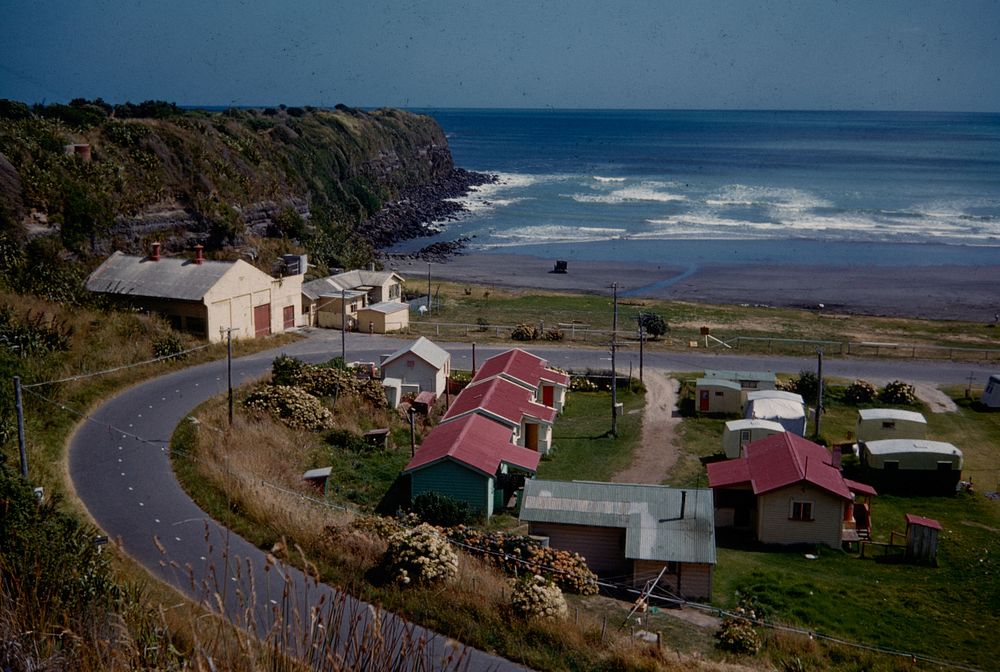 Panorama of coastal embayment at Opunake (01 February 1960) by Leslie Adkin.