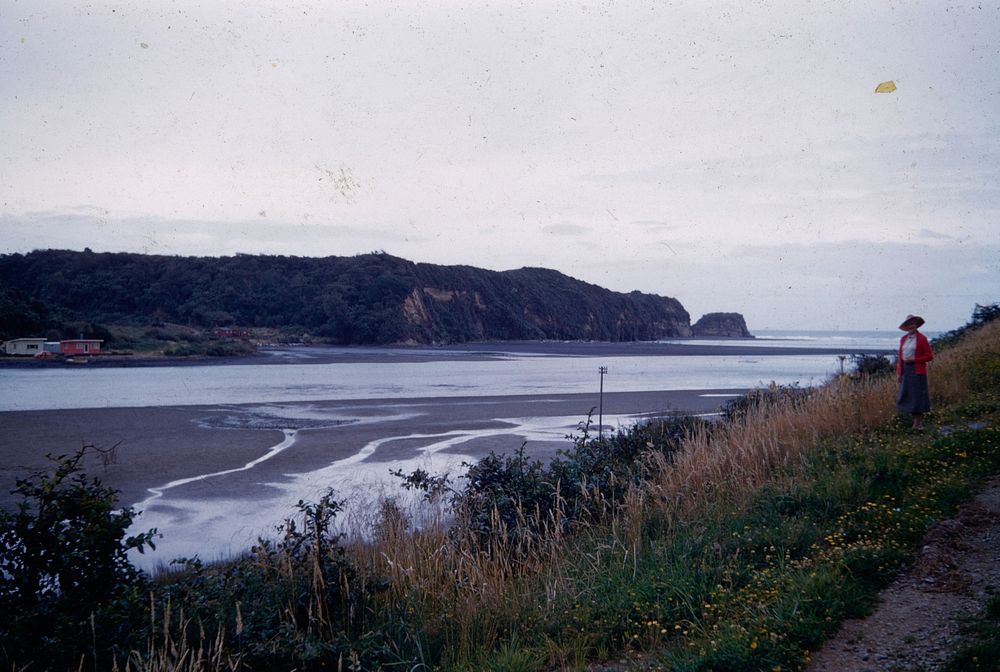 Tongaporutu River - lower course and mouth from right bank (02 February 1960) by Leslie Adkin.